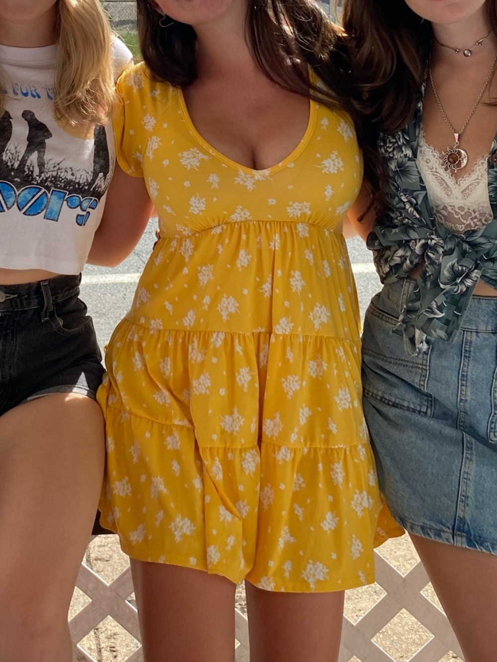 Urban Outfitters Yellow Floral V-Neck Tiered Mini Dress